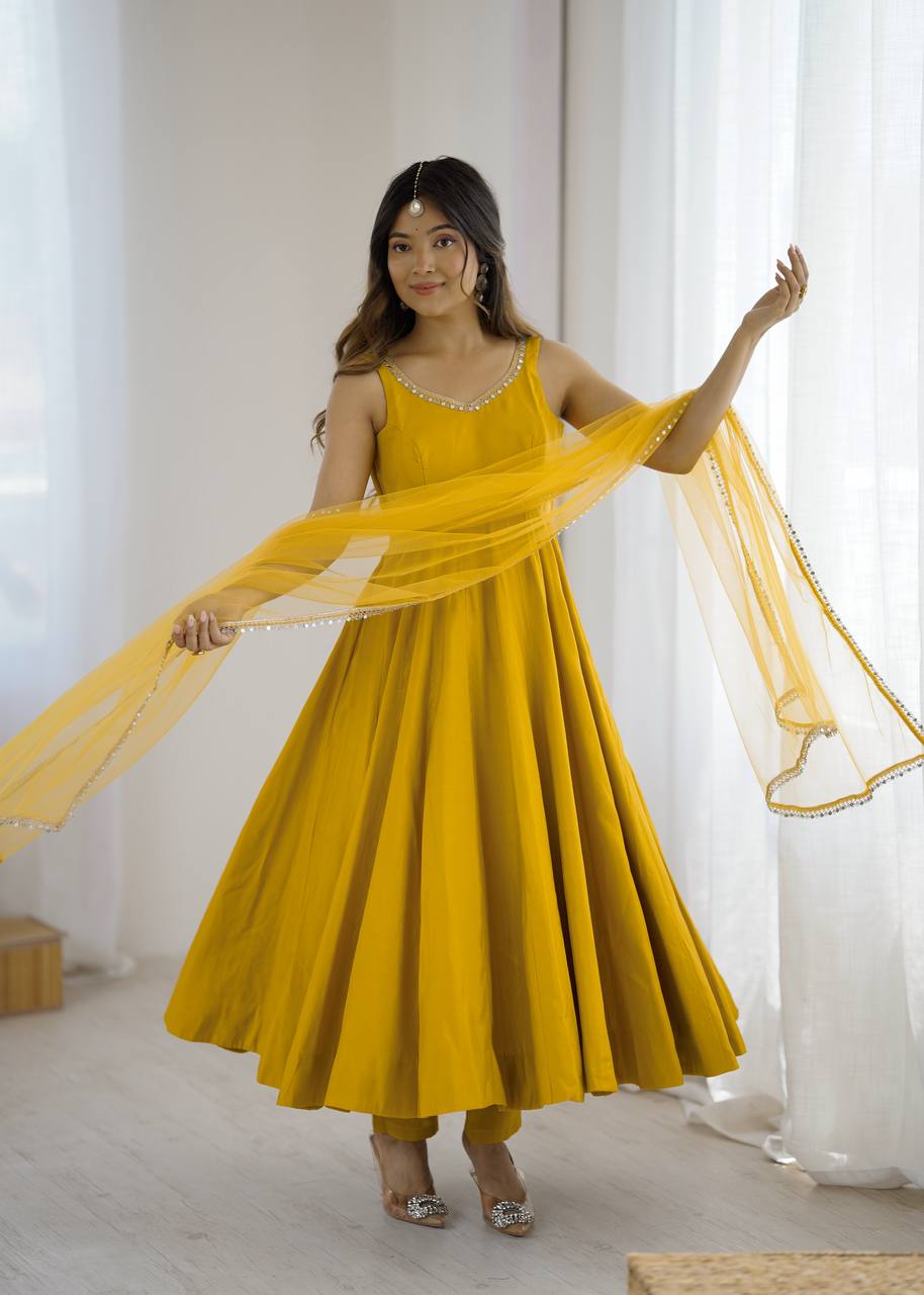 Yellow Roman Silk Anarkali Kurti With Net Duppta