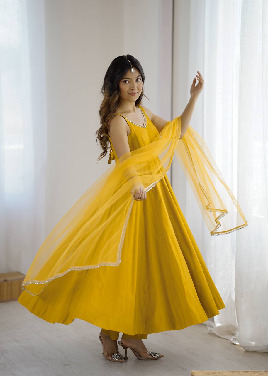 Yellow Roman Silk Anarkali Kurti With Net Duppta