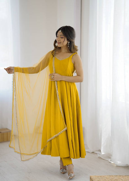 Yellow Roman Silk Anarkali Kurti With Net Duppta