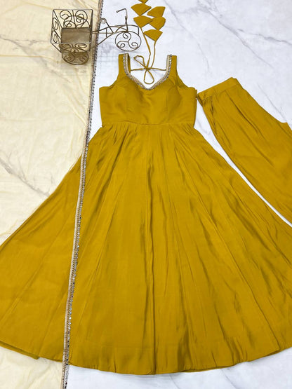 Yellow Roman Silk Anarkali Kurti With Net Duppta