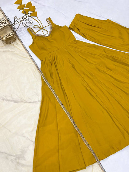 Yellow Roman Silk Anarkali Kurti With Net Duppta