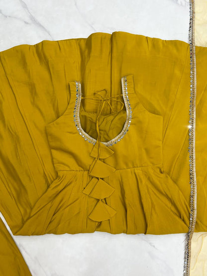 Yellow Roman Silk Anarkali Kurti With Net Duppta