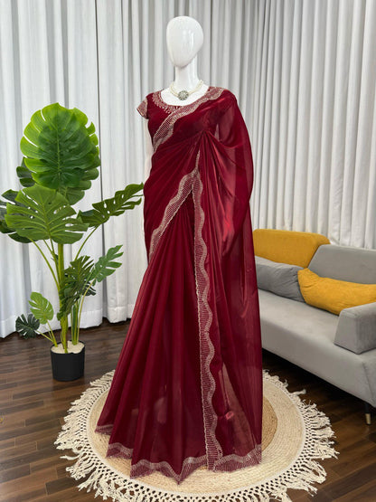 Jimmy Chu Maroon Saree With Hot Fix Work