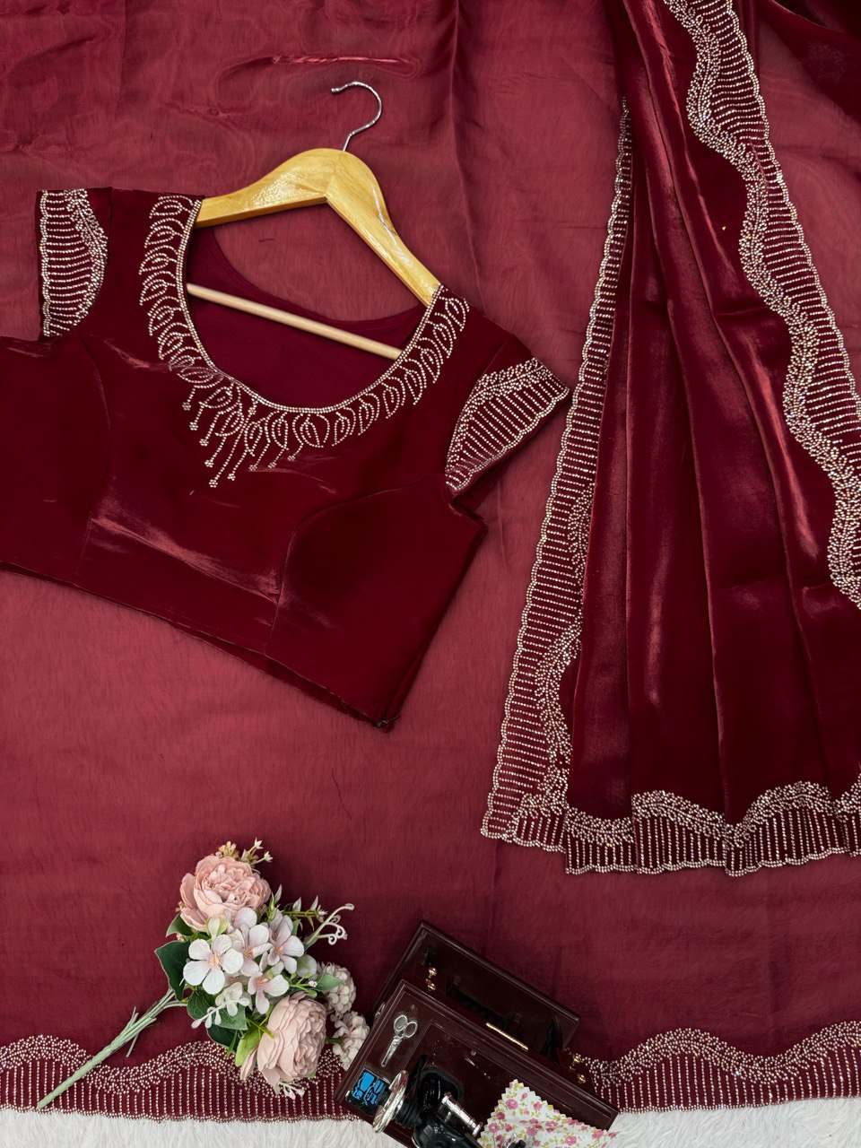 Jimmy Chu Maroon Saree With Hot Fix Work