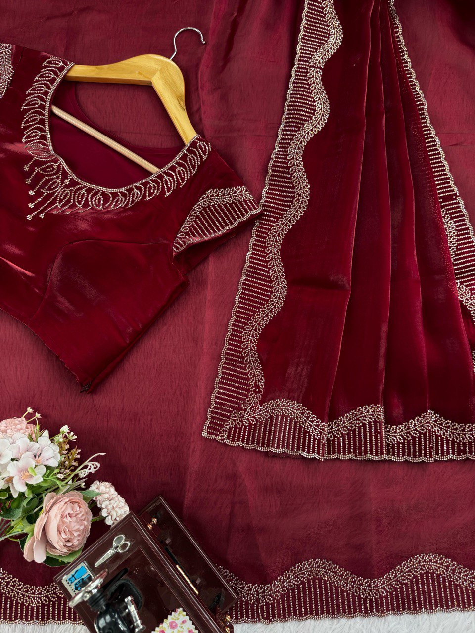 Jimmy Chu Maroon Saree With Hot Fix Work