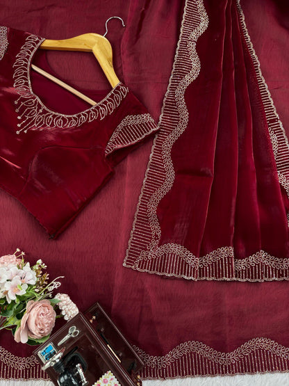 Jimmy Chu Maroon Saree With Hot Fix Work