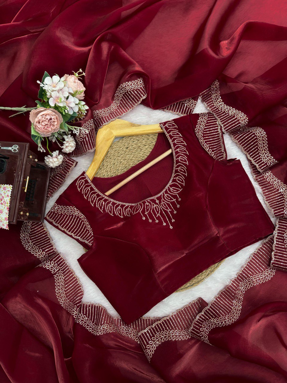 Jimmy Chu Maroon Saree With Hot Fix Work