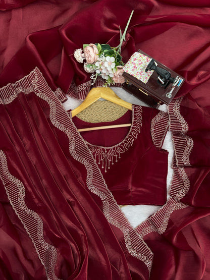 Jimmy Chu Maroon Saree With Hot Fix Work