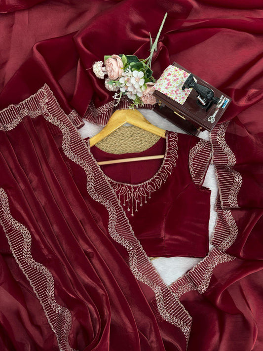 Jimmy Chu Maroon Saree With Hot Fix Work