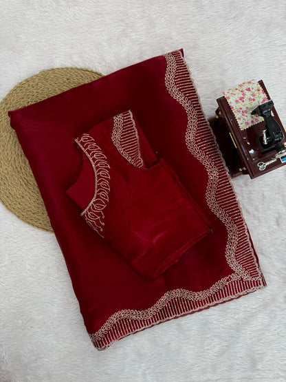 Jimmy Chu Maroon Saree With Hot Fix Work