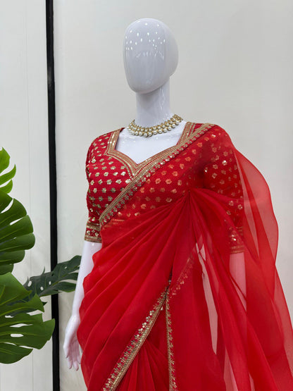 Heavy Organza Sequence Work Silk red saree