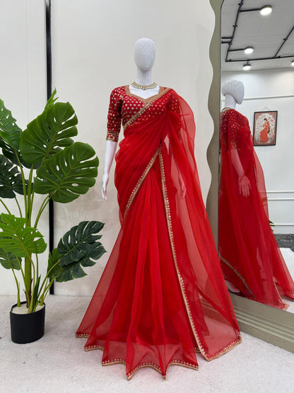 Heavy Organza Sequence Work Silk red saree