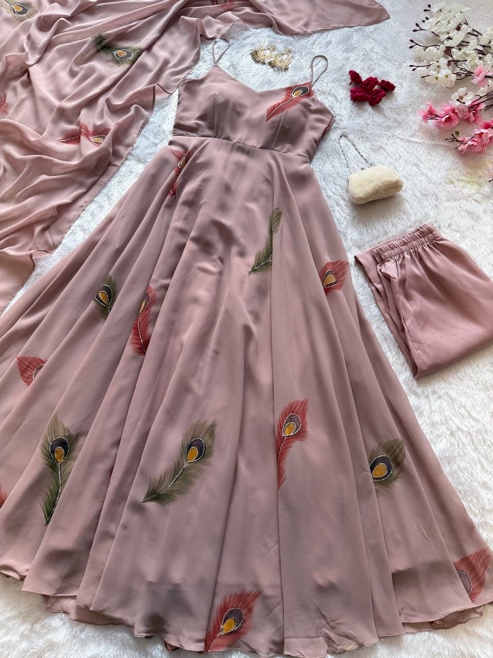 Dusty Pink Hand-painted Georgette Anarkali Set