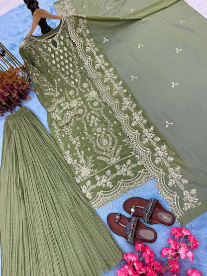 Faux Georgette Sequence Work Green Plazzo Set