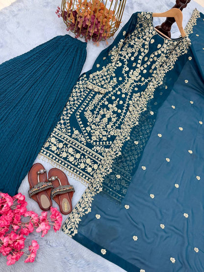 Teal Blue Palazzo Suit With Heavy Embroidery Work