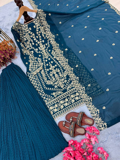 Teal Blue Palazzo Suit With Heavy Embroidery Work