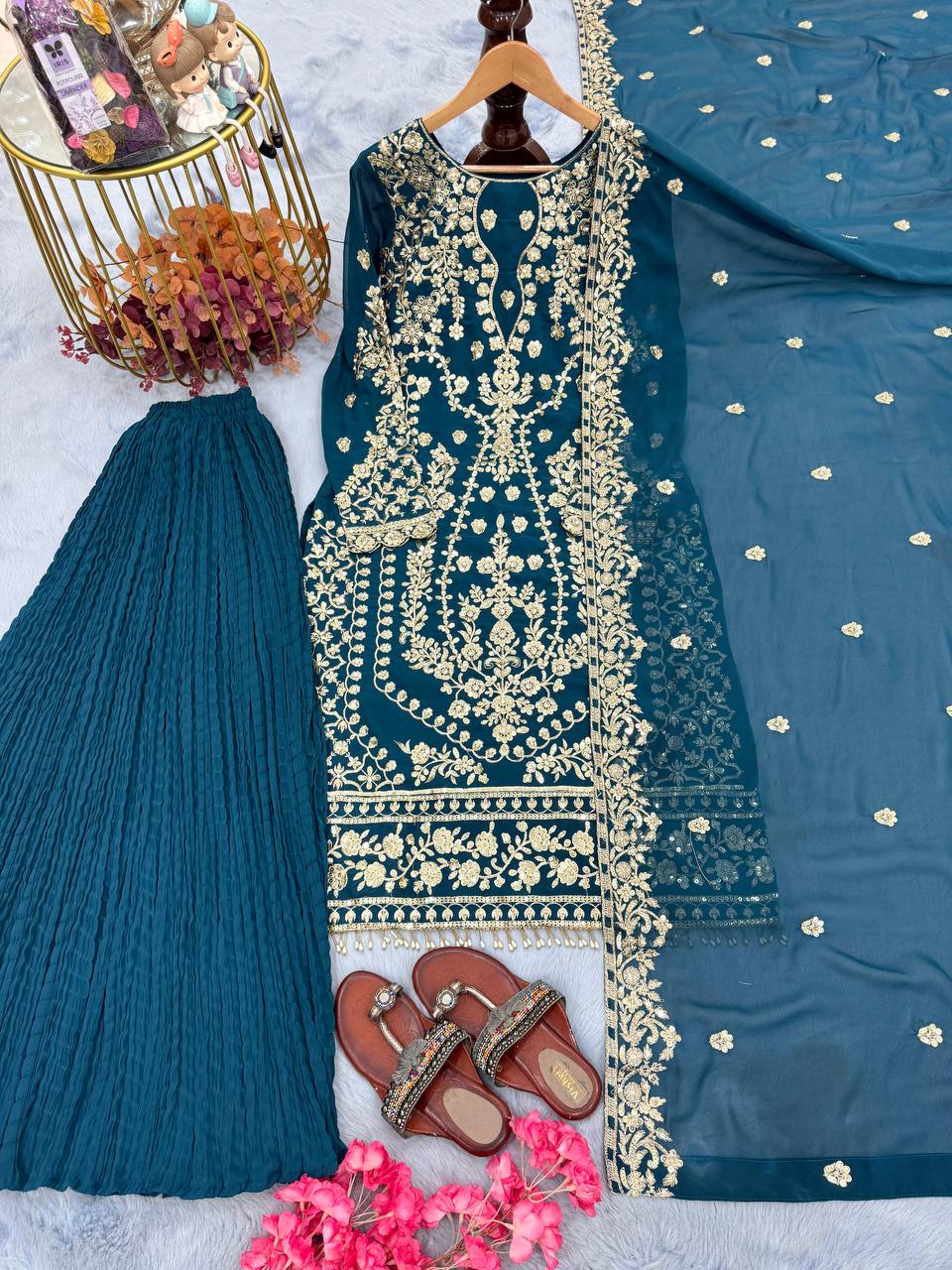 Teal Blue Palazzo Suit With Heavy Embroidery Work
