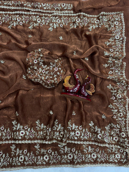 Brown Fandy Chiffon Sequence Work Saree