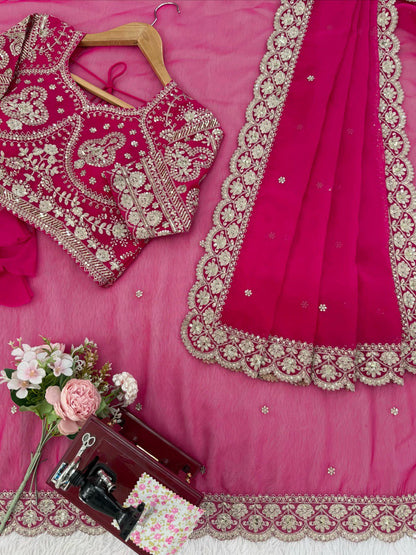 Designer Silk Pink Saree With Sequence Work Blouse