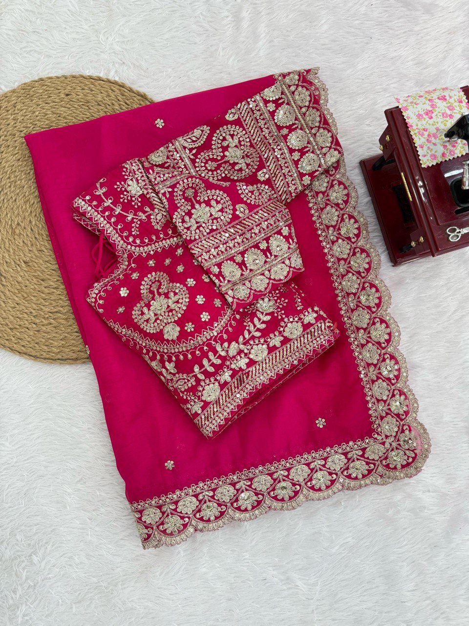 Designer Silk Pink Saree With Sequence Work Blouse