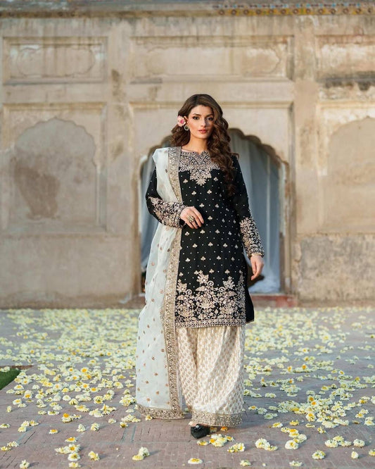 Elegent Chinon Silk Suit Set With Heavy Embroidery Work