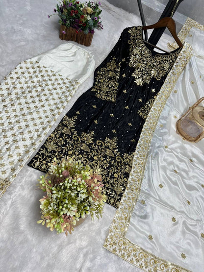Elegent Chinon Silk Suit Set With Heavy Embroidery Work