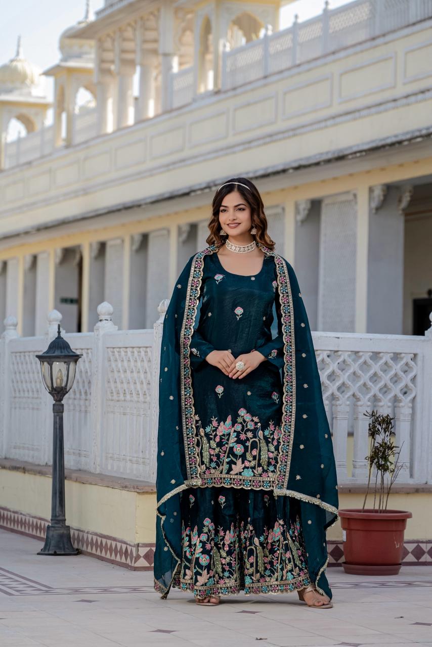 Elegent Teal Green With Sequence Work Plazzo Suit