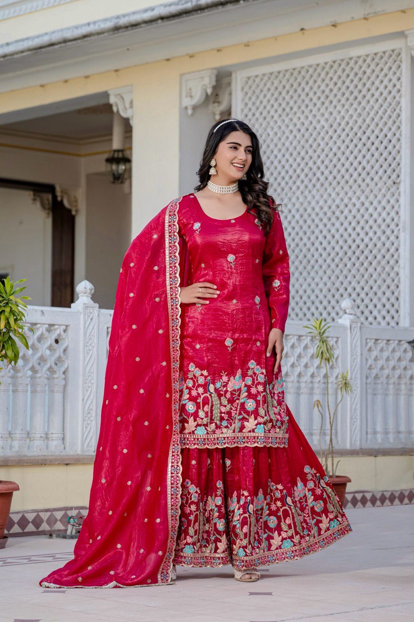 Beautiful Red Embroidery Work Plazzo Suit