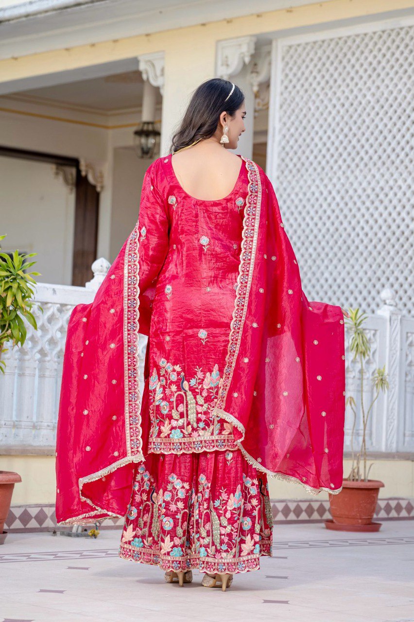 Beautiful Red Embroidery Work Plazzo Suit