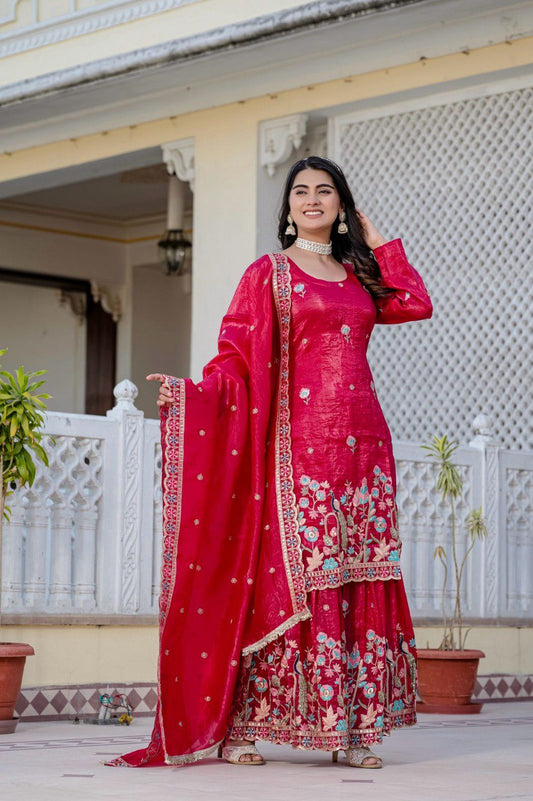Beautiful Red Embroidery Work Plazzo Suit