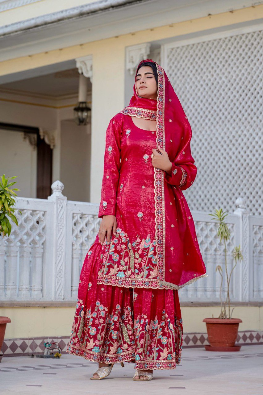 Beautiful Red Embroidery Work Plazzo Suit