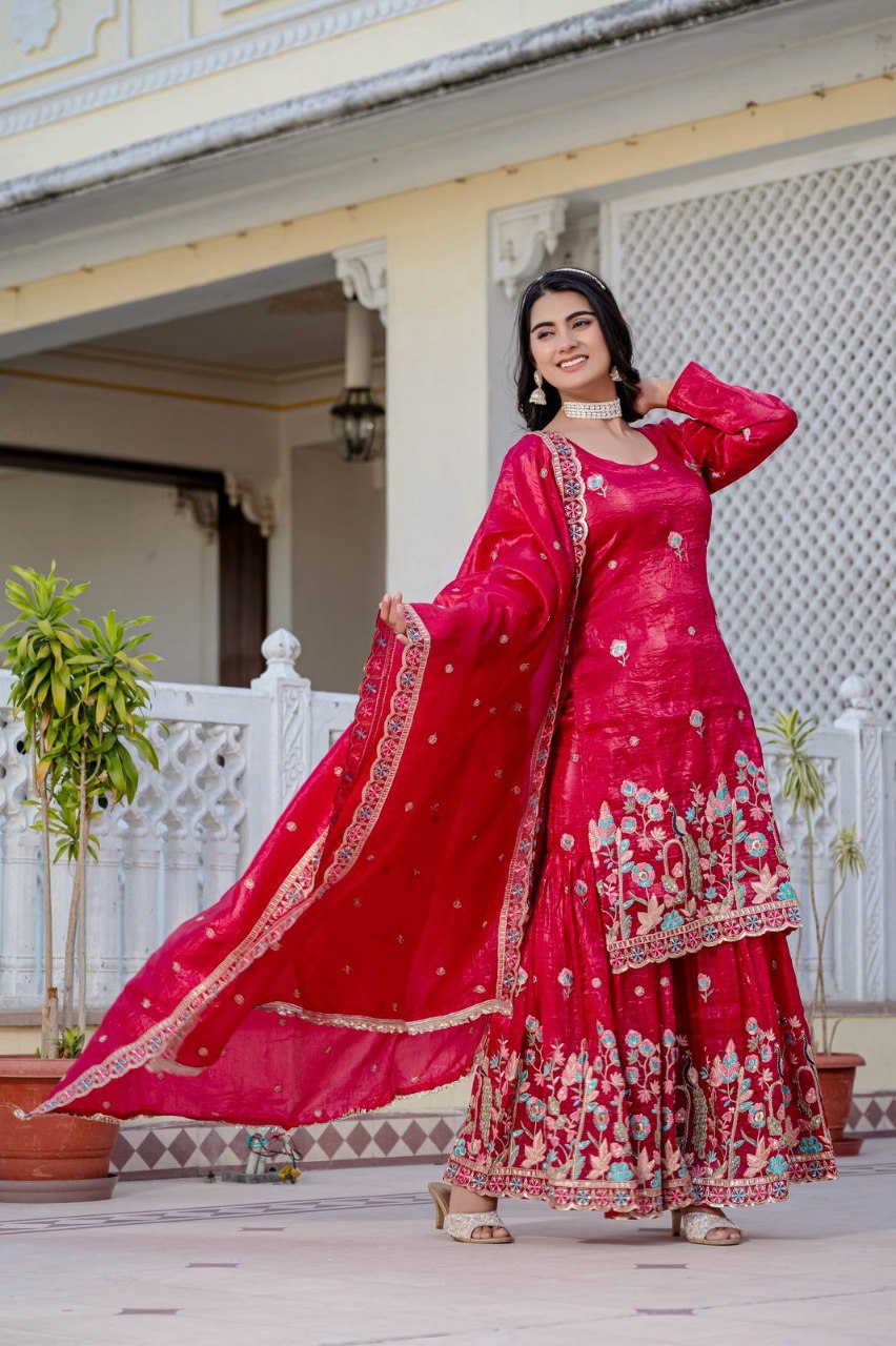 Beautiful Red Embroidery Work Plazzo Suit
