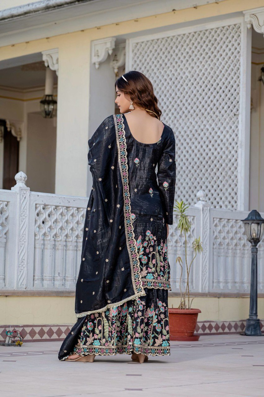 Party Wear Black Embroidery Plazzo Suit