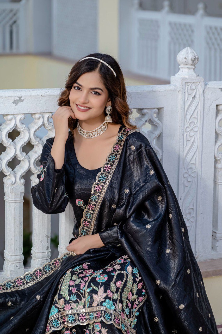 Party Wear Black Embroidery Plazzo Suit