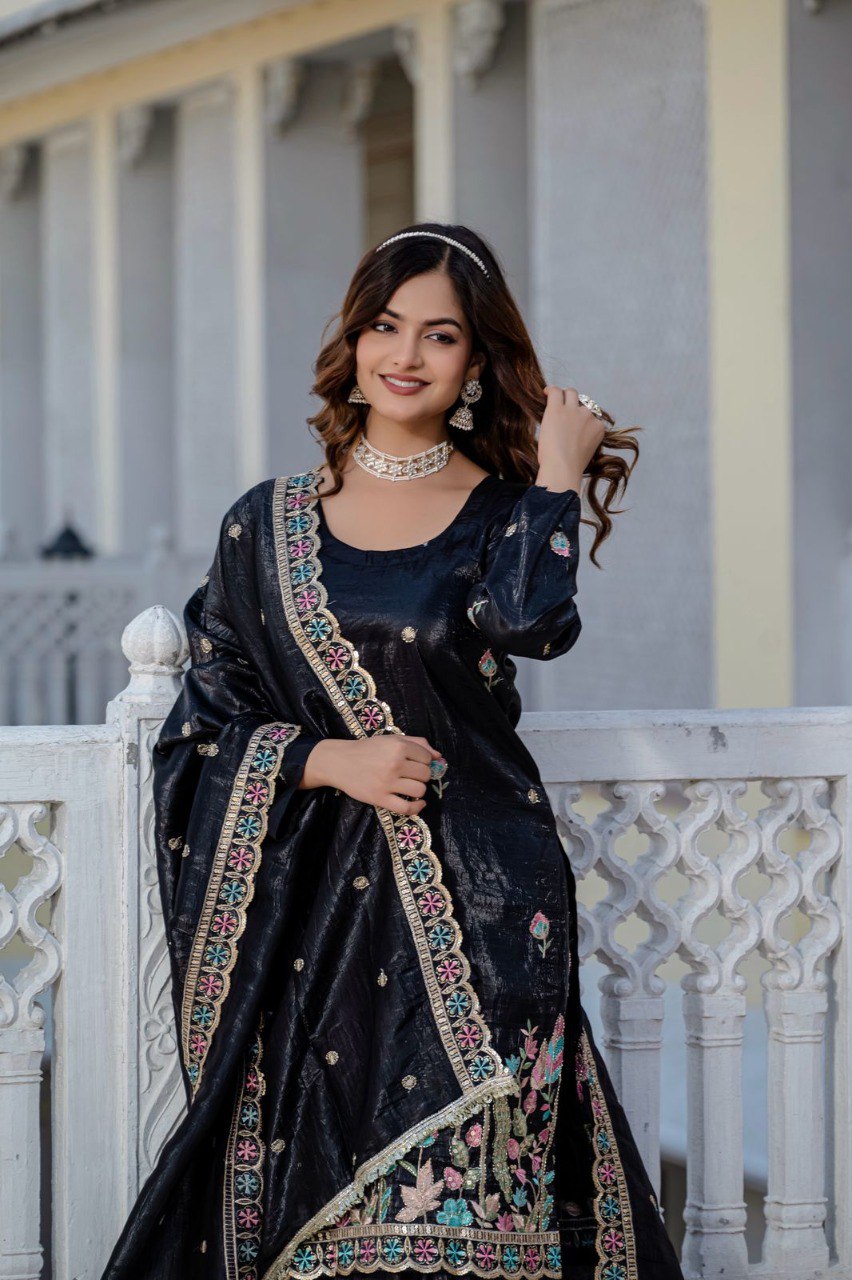 Party Wear Black Embroidery Plazzo Suit