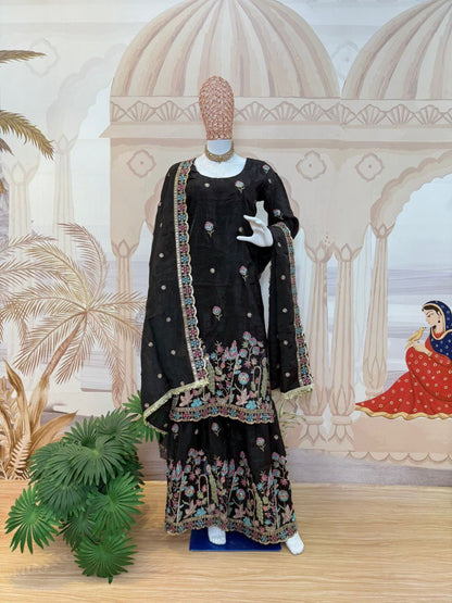 Party Wear Black Embroidery Plazzo Suit