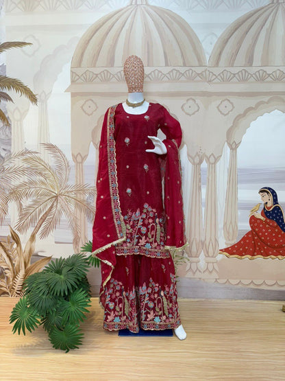 Beautiful Red Embroidery Work Plazzo Suit