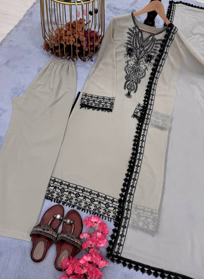 Designer Readymade Faux Georgette Off-white Suit Set