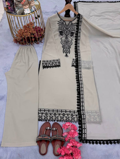 Designer Readymade Faux Georgette Off-white Suit Set