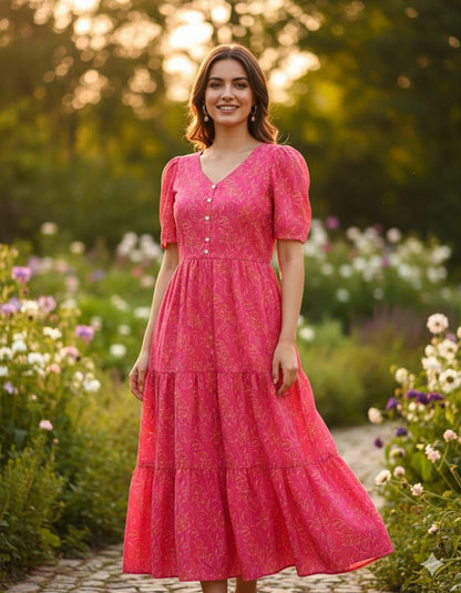 Delightful Pink Muslin Printed One Piece