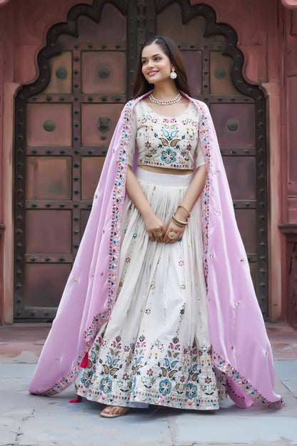 Elegent White Tissue Silk Lehenga With Pink Dupatta