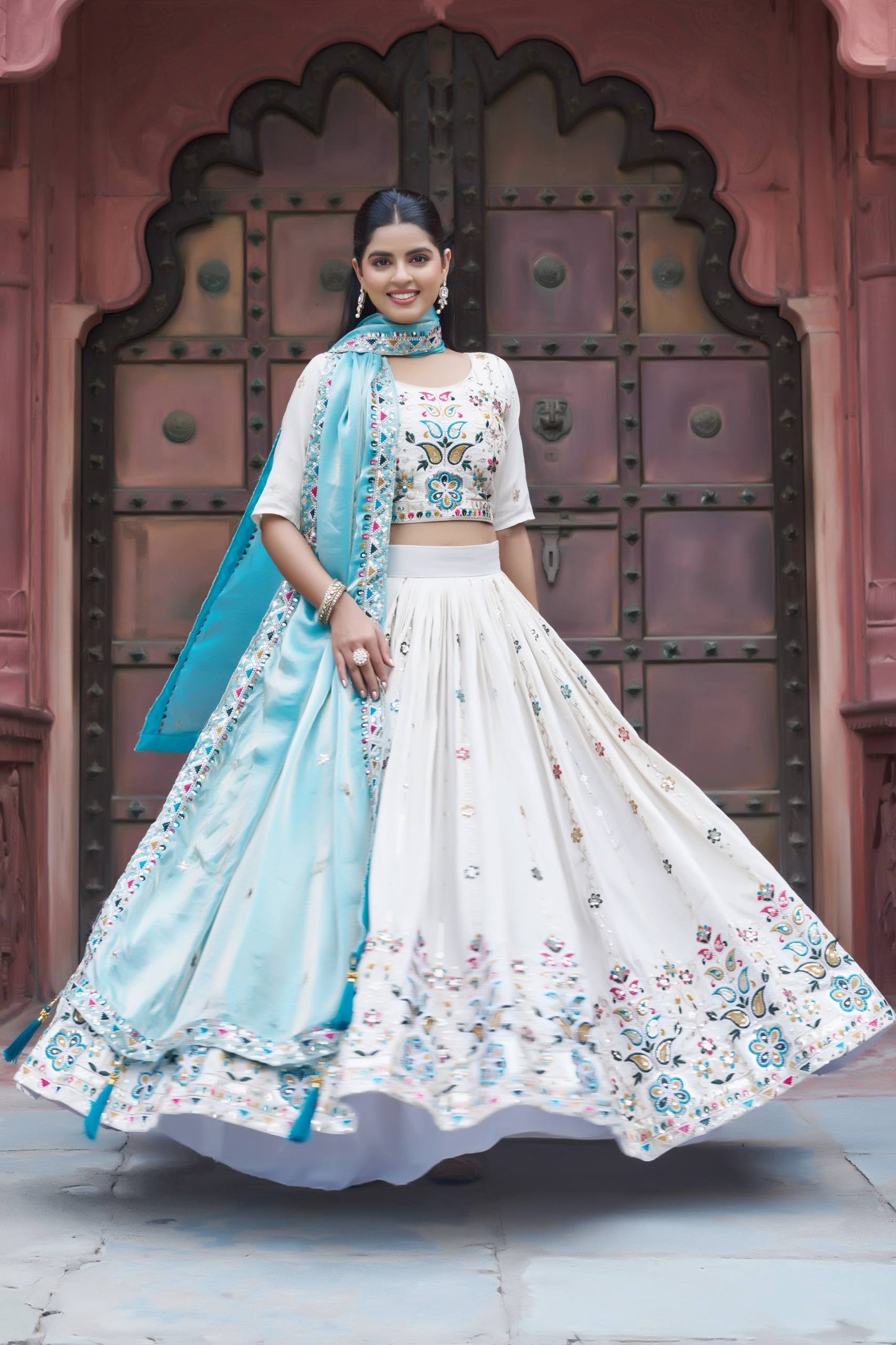 Designer White Tissue Silk Lehenga With Sky Blue Dupatta