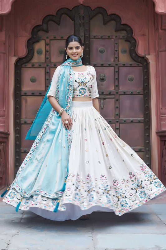 Designer White Tissue Silk Lehenga With Sky Blue Dupatta