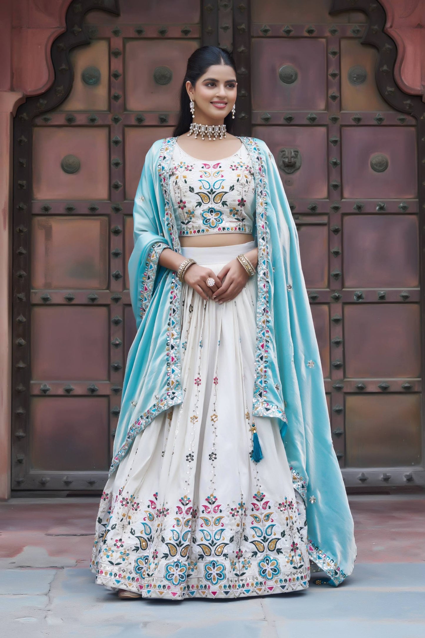 Designer White Tissue Silk Lehenga With Sky Blue Dupatta
