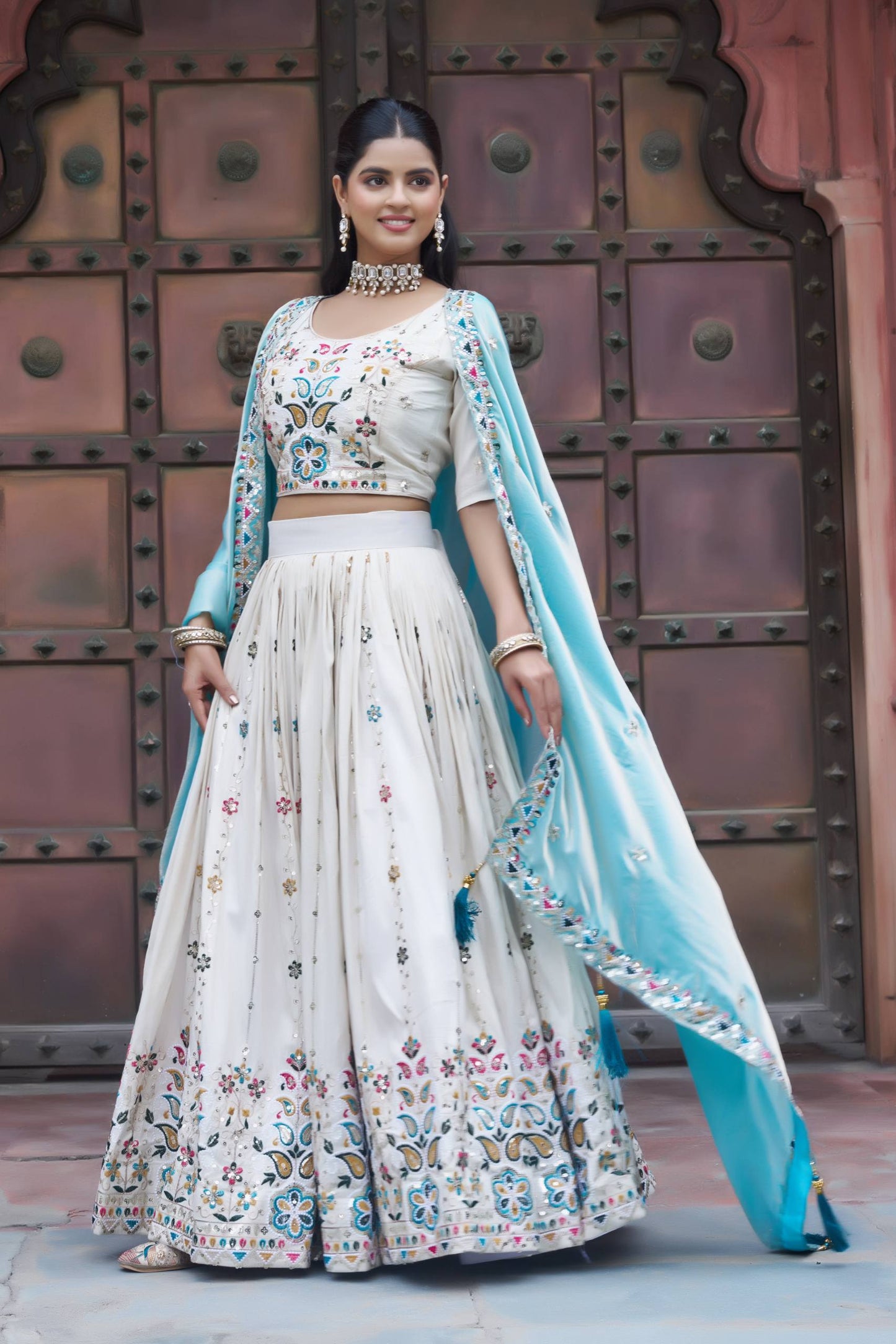 Designer White Tissue Silk Lehenga With Sky Blue Dupatta