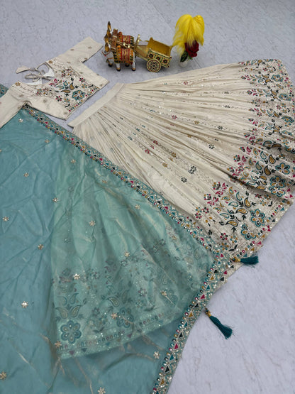 Designer White Tissue Silk Lehenga With Sky Blue Dupatta