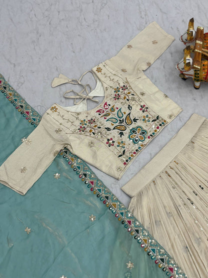 Designer White Tissue Silk Lehenga With Sky Blue Dupatta