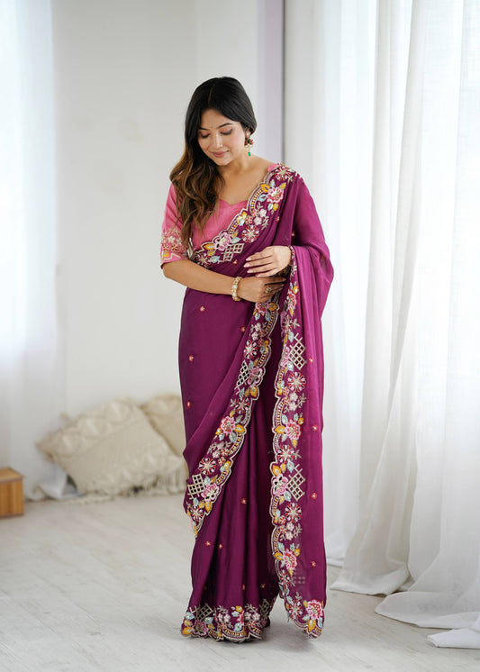 Wine Silk  Embroidery Thread Work Saree
