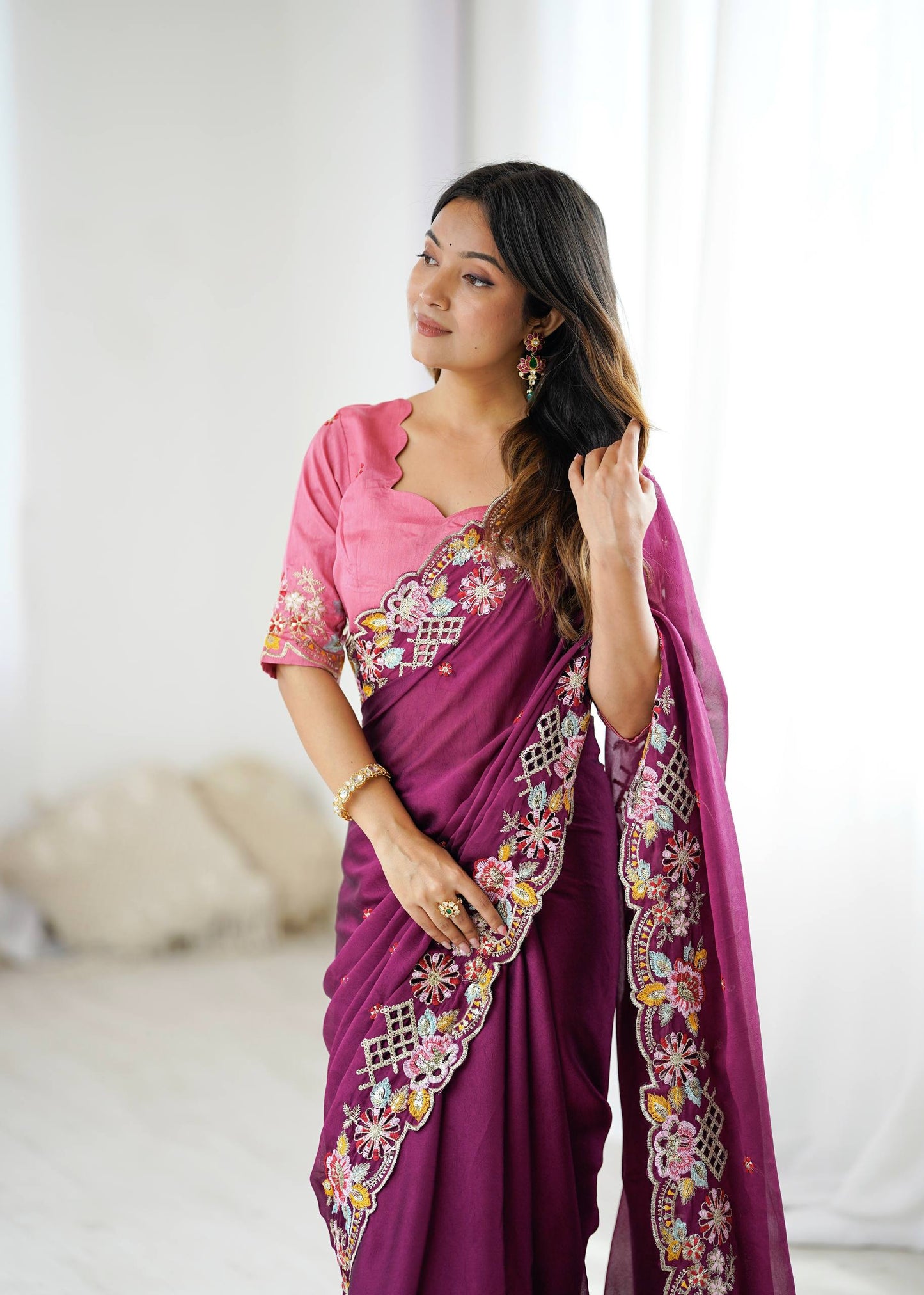 Wine Silk  Embroidery Thread Work Saree