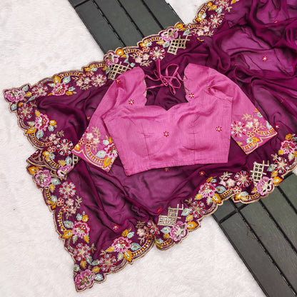 Wine Silk  Embroidery Thread Work Saree